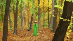 Rule 34 | 1girl, aurahack, chinese clothes, forest, full body, hat, house of flying daggers, leaf, mei (house of flying daggers), nature, signature, solo, tree