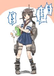 Rule 34 | 10s, 1girl, backpack, bag, brown hair, fechirin, fubuki (kancolle), grey eyes, kantai collection, long hair, looking at viewer, open mouth, personification, ponytail, school uniform, serafuku, skirt, solo, tissue, tissue box, translation request