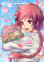 Rule 34 | 1990s (style), 1girl, :d, blue background, bouquet, bow, braid, d-red, flower, hair bow, long hair, looking at viewer, magic knight rayearth, open mouth, petals, purple flower, purple rose, red bow, red eyes, red flower, red hair, red rose, rose, shidou hikaru, single braid, smile, solo, upper body, white flower, white rose, yellow flower, yellow rose