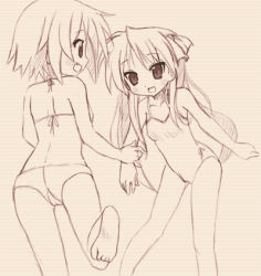 Rule 34 | 00s, 2girls, back, barefoot, bikini, brown theme, fang, feet, from behind, hair ribbon, hiiragi kagami, kusakabe misao, long hair, lowres, lucky star, monochrome, multiple girls, one-piece swimsuit, ribbon, smile, swimsuit, tomusooya, tsurime, twintails