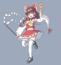 Rule 34 | 1girl, ascot, black footwear, bow, breasts, brown eyes, brown hair, dated, detached sleeves, frilled skirt, frills, gohei, hair bow, hair tubes, hakurei reimu, holding, japanese clothes, long hair, miko, miniskirt, navel, nontraditional miko, ofuda, open mouth, profitshame, red shirt, red skirt, ribbon-trimmed sleeves, ribbon trim, shirt, shoes, skirt, small breasts, socks, solo, thighhighs, touhou, white socks, white thighhighs, wide sleeves