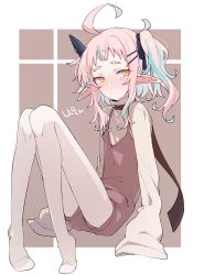 Rule 34 | 1girl, ahoge, androgynous, azuma shino, black ribbon, blue hair, blush, border, brown background, character name, closed mouth, commentary request, full body, green eyes, hair ornament, hair ribbon, hairclip, highres, horns, knees together feet apart, long sleeves, looking at viewer, medium hair, multicolored hair, original, outside border, pantyhose, pink hair, pointy ears, repi (azuma shino), revision, ribbon, shirt, simple background, single horn, sitting, sleeves past fingers, sleeves past wrists, solo, streaked hair, twintails, white border, white pantyhose, wide sleeves
