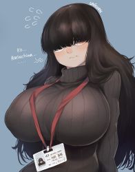 Rule 34 | 1girl, absurdres, black hair, blue background, blush, borrowed character, breasts, closed eyes, commentary, covered eyes, dress, english commentary, english text, glasses, highres, huge breasts, id card, jimiko, long hair, messy hair, original, ribbed dress, shy, simple background, solo, sweatdrop, turtleneck, twitter username, uni (oni unicorn), upper body