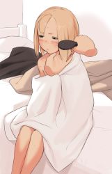 Rule 34 | 1girl, absurdres, bad id, bad pixiv id, bed, blonde hair, blue eyes, blush, brushing another&#039;s hair, brushing hair, child, disembodied limb, hair brush, highres, i0525, looking to the side, naked towel, original, short hair, sitting, solo focus, towel, wet