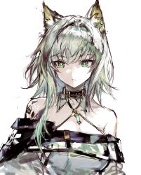 Rule 34 | 1girl, animal ear fluff, animal ears, arknights, asymmetrical hair, bare shoulders, black choker, cat ears, choker, dress, green eyes, green hair, highres, kal&#039;tsit (arknights), lab coat, looking at viewer, material growth, off-shoulder dress, off shoulder, open mouth, oripathy lesion (arknights), remsrar, short hair, simple background, upper body, white background