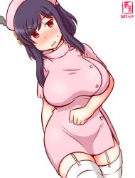 Rule 34 | 1girl, alternate costume, artist logo, black hair, breasts, commentary request, cowboy shot, dated, dress, dutch angle, garter straps, hair ornament, hat, kanon (kurogane knights), kantai collection, large breasts, looking at viewer, nurse, nurse cap, one-hour drawing challenge, pink dress, red eyes, short hair, sidelocks, simple background, solo, thighhighs, white background, white thighhighs, yamashiro (kancolle)