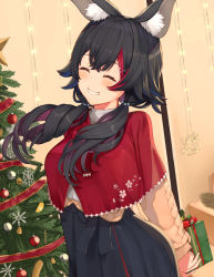 Rule 34 | 1girl, animal ear fluff, animal ears, arms behind back, beige cardigan, black hair, black skirt, blush, breasts, capelet, cardigan, christmas present, christmas tree, closed eyes, commentary request, dutch angle, facing viewer, gift, grin, hair between eyes, hair ornament, hairclip, holding, holding gift, hololive, indoors, long sleeves, md5 mismatch, medium breasts, multicolored hair, ookami mio, ookami mio (street), piisu, red capelet, red hair, resolution mismatch, shirt, sidelocks, skirt, smile, solo, source larger, streaked hair, twintails, virtual youtuber, white shirt, wolf ears, wolf girl