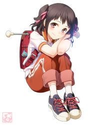 Rule 34 | 1girl, bag, blush, brown eyes, brown hair, charm (object), closed mouth, commentary request, full body, gym pants, gym shirt, gym uniform, hair ribbon, charm (object), looking at viewer, original, pairan, pants, pants rolled up, pink ribbon, red bag, red pants, ribbon, shirt, shoes, short sleeves, short twintails, simple background, smile, sneakers, socks, solo, striped clothes, striped pants, twintails, white background, white shirt, white socks