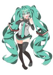 Rule 34 | 1girl, absurdly long hair, absurdres, bare shoulders, black footwear, black gloves, black skirt, blush, boots, bright pupils, collared shirt, elbow gloves, full body, gloves, green eyes, green hair, green necktie, grey shirt, hair ornament, hands up, hatsune miku, heart, heart hands, highres, long hair, looking at viewer, miniskirt, necktie, open mouth, pleated skirt, shirt, simple background, skirt, sleeveless, sleeveless shirt, smile, solo, standing, tachi-e, thigh boots, thighs, twintails, uruti 2388, very long hair, vocaloid, white background, white pupils