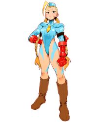 Rule 34 | 1girl, ahoge, andrewcockroach, armband, blue eyes, blue leotard, bodypaint, boots, braid, cammy white, camouflage, clenched hand, fingerless gloves, flat chest, full body, garrison cap, gloves, hand on own hip, hat, highleg, highleg leotard, highres, huge ahoge, knee boots, leotard, necktie, ribbed leotard, scar, shoulder pads, solo, standing, street fighter, street fighter zero (series), turtleneck, twin braids, white background