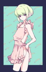 Rule 34 | 1boy, adjusting clothes, apron, ass, bishounen, green hair, highres, lio fotia, looking at viewer, male focus, memeo (candy house), naked apron, promare, purple eyes, solo, trap, tying apron