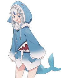 Rule 34 | 1girl, :d, animal hood, blue eyes, blue hair, blue hoodie, blush, fins, fish tail, gawr gura, gawr gura (1st costume), grey hair, highres, hololive, hololive english, hood, hoodie, long sleeves, looking at viewer, multicolored hair, open mouth, shark girl, shark hood, shark tail, sharp teeth, simple background, smile, solo, standing, streaked hair, tail, teeth, virtual youtuber, white background, xuan (pixiv31113827)