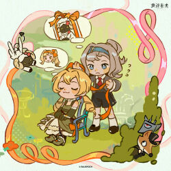 Rule 34 | 2girls, :&lt;, :3, absurdres, bare shoulders, black footwear, black shorts, blonde hair, blue eyes, blue hairband, braid, bush, chibi, closed eyes, copyright name, copyright notice, dress, elbow gloves, fox, full body, gloves, grass, green background, green dress, green footwear, green gloves, grey hair, grey sweater, hairband, hiding, highres, holding, holding ribbon, image in thought bubble, logo, long dress, long hair, looking at another, low twintails, matilda bouanich, multiple girls, necktie, official art, on chair, one side up, orange ribbon, red necktie, reverse:1999, ribbon, sheep, shirt, shorts, sitting, sleeveless, sleeveless dress, socks, sotheby, standing, sweater, thinking, thought bubble, twin braids, twintails, two-headed fox (reverse:1999), white shirt, white socks