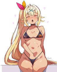 Rule 34 | 1girl, :o, ahoge, alternate skin color, bare shoulders, batta 16-sei, bikini, black bikini, black choker, blonde hair, blush, choker, clothes writing, commentary request, dark-skinned female, dark skin, hair ornament, hand on own crotch, hand under clothes, hand under swimsuit, highres, hoshikawa sara, implied masturbation, long hair, looking at viewer, navel, nijisanji, open mouth, pink eyes, side ponytail, signature, simple background, sitting, solo, stomach, swimsuit, very long hair, virtual youtuber, white background, x hair ornament, yellow eyes