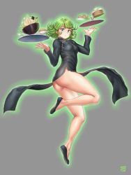Rule 34 | 1girl, adapted costume, ass, baozi, black dress, black footwear, breasts, china dress, chinese clothes, curly hair, dress, finalcake, fingernails, flats, flipped hair, floating, floating clothes, floating object, food, full body, green eyes, green hair, highres, impossible clothes, impossible dress, kneepits, long dress, long legs, long sleeves, looking at viewer, no panties, noodles, one-punch man, shiny skin, short hair, side slit, small breasts, solo, tatsumaki, telekinesis, thick thighs, thighs, tray, w arms