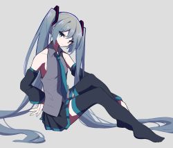 Rule 34 | 1girl, bare shoulders, black skirt, black thighhighs, blue eyes, blue necktie, closed mouth, commentary, detached sleeves, grey background, grey shirt, hand on own hip, hand on leg, hatsune miku, highres, long hair, looking at viewer, necktie, pleated skirt, sasanoha (sasanoha0712), shirt, skirt, smile, solo, thighhighs, twintails, very long hair, vocaloid