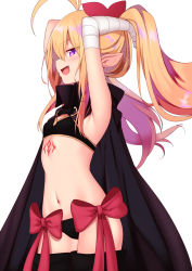 Rule 34 | 1girl, :d, antenna hair, armpits, arms up, bandaged arm, bandages, bare shoulders, black bra, black cape, black panties, blonde hair, blush, bra, cape, cowboy shot, fang, flat chest, floating hair, hair between eyes, hair ornament, highres, long hair, looking at viewer, looking to the side, mahcdai, navel, open mouth, original, panties, pointy ears, profile, purple eyes, red ribbon, ribbon, sidelocks, simple background, slit pupils, smile, solo, standing, tattoo, underwear, white background