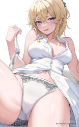 Rule 34 | 1girl, absurdres, bare shoulders, blonde hair, blue eyes, bra, breasts, crotch, elbow rest, genshin impact, groin, hair between eyes, hand up, highres, jean (genshin impact), looking at viewer, lying, medium breasts, navel, no pants, on back, open mouth, panties, partially unbuttoned, ponytail, rosumerii, shirt, sidelocks, simple background, solo, underwear, unworn bra, white background, white bra, white panties, white shirt