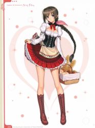 Rule 34 | 10s, 1girl, basket, black hair, boots, braid, bread, breasts, cleavage, dress, food, full body, hair ornament, hair ribbon, highres, knee boots, legs, long hair, long legs, looking at viewer, neris (shining hearts), petticoat, red ribbon, ribbon, shining (series), shining hearts, simple background, single braid, skirt hold, smile, solo, tony taka, very long hair