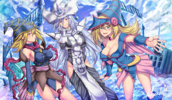 Rule 34 | 3girls, :d, architecture, arm under breasts, armpits, bare shoulders, black dress, blonde hair, blue dress, blue footwear, blue headwear, blue panties, blue sky, blue sleeves, blush stickers, boots, bow, breasts, building, choker, cleavage, cloud, cloudy sky, collarbone, commentary request, cowboy shot, dark magician girl, day, detached sleeves, dress, duel monster, eyebrows hidden by hair, gagaga girl, gloves, greco-roman architecture, green eyes, groin, hair between eyes, hand on own cheek, hand on own face, hand on own hip, hat, highres, hip vent, jewelry, large breasts, long dress, long hair, long sleeves, looking at viewer, medium hair, multiple girls, necklace, open mouth, panties, pantyshot, parted lips, pentacle, pentagram, pink ribbon, profile, reaching, reaching towards viewer, red eyes, ribbon, salar de uyuni, sidelocks, signature, silent magician, silver hair, sky, sleeveless, sleeveless dress, smile, standing, standing on liquid, surcoat, takecha, taut clothes, taut dress, tower, turtleneck dress, underwear, vambraces, waist bow, white gloves, white headwear, witch hat, yellow choker, yu-gi-oh!