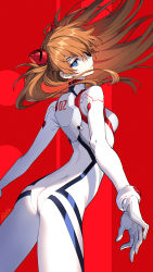 Rule 34 | 1girl, ass, blue eyes, bodysuit, breasts, brown hair, closed mouth, cowboy shot, evangelion: 3.0+1.0 thrice upon a time, expressionless, eyepatch, from behind, gloves, hair ornament, highres, long hair, looking at viewer, looking back, nardack, neon genesis evangelion, one eye covered, pale skin, plugsuit, rebuild of evangelion, red background, signature, skin tight, small breasts, solo, souryuu asuka langley, two side up, very long hair, white bodysuit, white gloves