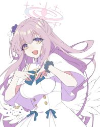 Rule 34 | :d, angel wings, blue archive, blue bow, bow, breasts, capelet, dress, fire emblem, flower, hair flower, hair ornament, halo, highres, long hair, looking at viewer, low wings, medium breasts, mika (blue archive), naganegi, nintendo, open mouth, pink hair, scrunchie, smile, solo, white capelet, white dress, white wings, wings, wrist scrunchie, yellow eyes