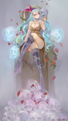 Rule 34 | 1girl, blue eyes, blue hair, boots, bracelet, breasts, brown skirt, cleavage, dress, flower, grey background, hairband, highres, jewelry, knee boots, crossed legs, long hair, matching hair/eyes, monster girl, plant, red rose, rocbouquet, rocbouquet (saga), romancing saga 2, rose, saga, signature, sitting, skirt, skull, smile, solo, strapless, strapless dress, tomoeda (ultimate fools), vines