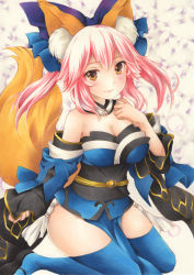Rule 34 | 1girl, animal ear fluff, animal ears, bare shoulders, blue kimono, blue sleeves, blue thighhighs, blush, bow, breasts, cleavage, collar, commentary request, detached sleeves, fate/grand order, fate (series), floating hair, fox ears, fox girl, fox tail, hair between eyes, hair bow, hand on own chest, highres, japanese clothes, kimono, looking at viewer, marker (medium), medium breasts, orange eyes, pink hair, saya pr, short kimono, sitting, smile, solo, tail, tamamo (fate), tamamo no mae (fate/extra), thighhighs, traditional media, wariza