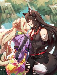 Rule 34 | absurdres, alternate costume, amputee, animal ears, arm around waist, black hair, blonde hair, cat ears, cat tail, cup, drinking glass, closed eyes, frogbians, height difference, highres, kiss, long hair, magilou (tales), midriff, sunlight, tail, tales of (series), tales of berseria, tree, velvet crowe, wolf ears, wolf tail, yuri