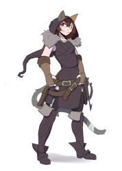 Rule 34 | animal ears, animal hood, arbuz budesh, bandage on tail, blush, boots, brown eyes, brown hair, cat ears, cat girl, cat hood, cat tail, fur collar, gloves, hood, jacket, knee boots, leather, leather boots, leather gloves, leather jacket, nathy, short hair, small fangs, tail, waist belt, witch hood