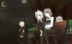 Rule 34 | 4girls, amai nekuta, animal ears, bench, black legwear, blonde hair, blush, boots, can, crossed arms, cup, dark, drink, eila ilmatar juutilainen, glasses, gloves, green eyes, grey hair, heidimarie w. schnaufer, heinrike prinzessin zu sayn-wittgenstein, highres, leaning, long hair, looking at another, military, military uniform, moon, multiple girls, necktie, night, noble witches, pantyhose, park, park bench, peeking out, pouring, purple eyes, red eyes, sanya v. litvyak, sitting, skirt, strike witches, stuffed toy, tail, thighhighs, uniform, white hair, world witches series