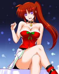 Rule 34 | 1girl, animal collar, bare shoulders, bell, black collar, black socks, boots, breasts, brown hair, christmas, cleavage, collar, commentary, crossed legs, engo (aquawatery), fur-trimmed shirt, fur trim, hair tie, head tilt, highres, large breasts, long hair, looking at viewer, lyrical nanoha, miniskirt, neck bell, open mouth, pleated skirt, purple eyes, red footwear, red shirt, santa costume, shirt, side ponytail, sitting, skirt, smile, snowing, socks, solo, strapless, strapless shirt, takamachi nanoha, white skirt
