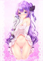 Rule 34 | 1girl, azur lane, bare shoulders, black ribbon, blush, bow, breasts, closed mouth, clothes lift, collarbone, commentary request, detached sleeves, dress, dress lift, fingernails, gluteal fold, groin, hair between eyes, hair bun, hair ribbon, hand up, head tilt, highres, hitomilook, lifting own clothes, long hair, long sleeves, looking at viewer, medium breasts, navel, no panties, nose blush, hugging object, one side up, purple bow, purple eyes, purple hair, pussy, ribbon, side bun, single hair bun, single side bun, sleeves past wrists, solo, strapless, strapless dress, stuffed animal, stuffed pegasus, stuffed toy, stuffed unicorn, stuffed winged unicorn, uncensored, unicorn (azur lane), very long hair, wavy mouth, white dress