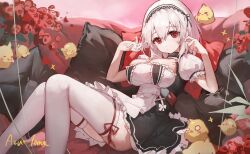 Rule 34 | 1girl, absurdres, animal, apron, azur lane, bird, black dress, chick, closed mouth, copyright name, dress, flower, frilled dress, frilled sleeves, frills, hair between eyes, highres, looking at viewer, manjuu (azur lane), puffy short sleeves, puffy sleeves, red eyes, red flower, red rose, rose, sentter, short hair, short sleeves, sirius (azur lane), solo, thighhighs, white apron, white hair, white thighhighs