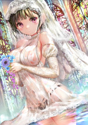 Rule 34 | 1girl, absurdres, bare shoulders, blush, breasts, bridal veil, closed mouth, dress, dutch angle, flower, flower request, highres, light smile, looking at viewer, ogata tei, original, purple eyes, see-through, short hair, sideboob, solo, veil, wedding dress, white dress