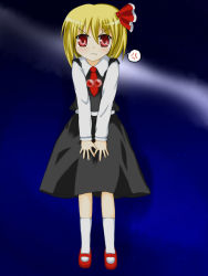 Rule 34 | 1girl, :t, anger vein, angry, blonde hair, embodiment of scarlet devil, female focus, full body, gradient background, red eyes, ribbon, rumia, solo, touhou, yuzutei