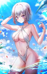 Rule 34 | 1girl, absurdres, blue eyes, blue sky, breasts, cloud, contrapposto, day, highleg, highleg swimsuit, highres, honkai: star rail, honkai (series), medium breasts, multicolored hair, nq (nnq q), o-ring, o-ring swimsuit, outdoors, partially underwater shot, red hair, short hair, sky, slingshot swimsuit, solo, streaked hair, swimsuit, topaz (honkai: star rail), wading, white hair, white slingshot swimsuit