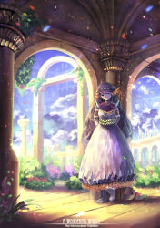 Rule 34 | 1girl, absurdres, against wall, arm cuffs, barefoot, brown hair, cloud, d-ka-satellite, day, dress, english text, fairy, fins, flower, head fins, highres, jewelry, long hair, necklace, original, personification, plate, pot, purple eyes, scenery, sky, smile, solo