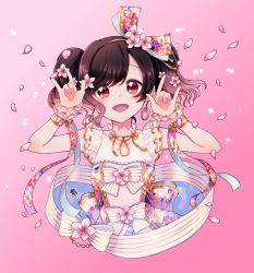Rule 34 | 1girl, absurdres, aqua bow, aqua ribbon, aqua skirt, artist name, artist request, bare shoulders, black hair, blush, bow, bracelet, breasts, cherry blossom fairy (love live!), collared dress, double m/, dress, dress bow, earrings, female focus, flower, flower print, frilled dress, frills, hair between eyes, hair bow, hair flower, hair ornament, heart, heart earrings, highres, jewelry, long hair, looking at viewer, love live!, love live! school idol festival, love live! school idol festival all stars, love live! school idol project, miniskirt, parted lips, petals, pink background, pink bow, pink dress, pink flower, pink petals, pink ribbon, pink skirt, plaid, plaid dress, plaid skirt, pleated, pleated dress, pleated skirt, red eyes, ribbon, short hair, short twintails, skirt, sleeveless, sleeveless dress, small breasts, smile, solo, striped, striped bow, twintails, white bow, white dress, white wrist cuffs, wrist cuffs, yazawa nico