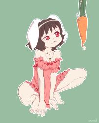Rule 34 | 1girl, animal ears, artist name, bare shoulders, barefoot, black hair, carrot, carrot necklace, erwnoid, feet, fishing hook, full body, green background, highres, hook, inaba tewi, jewelry, necklace, nightgown, pendant, rabbit ears, red eyes, short hair, signature, simple background, skeptical, solo, squatting, touhou