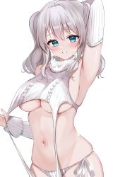 Rule 34 | 1girl, aqua eyes, arm up, armpits, breasts, grey hair, highres, kantai collection, kashima (kancolle), large breasts, looking at viewer, meme attire, navel, sideboob, smile, solo, sweat, sweater, twintails, underboob, underwear, virgin destroyer sweater, white background, yoshino (mfmfpng)