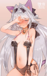 Rule 34 | 1girl, animal ears, bare shoulders, bell, black one-piece swimsuit, blush, breasts, choker, closed eyes, covering face, cowboy shot, embarrassed, fingerless gloves, gloves, hair intakes, halterneck, long hair, navel, neck bell, one-piece swimsuit, original, silver hair, simple background, single glove, small breasts, solo, swimsuit, tail, very long hair, zhuzi