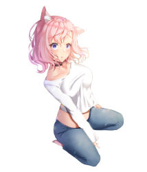 Rule 34 | 1girl, animal ear fluff, animal ears, barefoot, between legs, black choker, blue pants, breasts, cat ears, choker, collarbone, commentary, crop top, denim, full body, jeans, long sleeves, looking at viewer, maze yuri, medium breasts, midriff, original, pants, parted lips, pink hair, purple eyes, seiza, shirt, short hair, simple background, sitting, solo, white background, white shirt