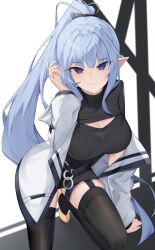 Rule 34 | 1girl, absurdres, aoria, black thighhighs, blue hair, breasts, closed mouth, highres, jacket, long sleeves, looking at viewer, medium breasts, open clothes, open jacket, original, pointy ears, ponytail, purple eyes, shoes, smile, solo, thighhighs, white jacket, yellow footwear
