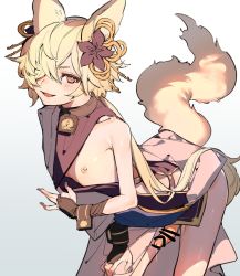 Rule 34 | 1boy, animal ears, backless outfit, blonde hair, blush, censored, collar, erection, erune, fox boy, fox ears, fox tail, granblue fantasy, hair ornament, hair over one eye, highres, kou (granblue fantasy), large tail, long hair, looking at viewer, male focus, mirin chikuwa, nipples, off shoulder, open mouth, penis, smile, solo, tail