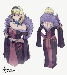 Rule 34 | 1girl, ass, bare shoulders, black dress, blonde hair, blue choker, blue eyes, blue hairband, breasts, choker, cleavage, cm lynarc, constance von nuvelle, dress, fire emblem, fire emblem: three houses, fire emblem warriors: three hopes, folding fan, gloves, grey background, grey gloves, hairband, hand fan, highres, holding, holding fan, long sleeves, looking at viewer, multiple views, nintendo, off-shoulder dress, off shoulder, official alternate costume, official alternate hairstyle, pink lips, short hair, simple background, sketch, standing