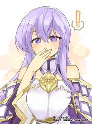 Rule 34 | !, 1girl, bare shoulders, blush, breasts, circlet, dress, fire emblem, fire emblem: genealogy of the holy war, hands on own face, julia (fire emblem), large breasts, long hair, medium breasts, nintendo, open mouth, purple eyes, purple hair, sash, simple background, solo, spoken exclamation mark, wide sleeves, yukia (firstaid0)
