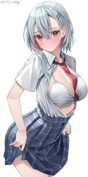 Rule 34 | 1girl, absurdres, blouse, blush, breasts, cleavage, collared shirt, highres, kawai ritsu (rits meg), large breasts, looking at viewer, open clothes, open shirt, original, red eyes, shirt, short hair, silver hair, simple background, skirt, solo, thighs, white background, white shirt
