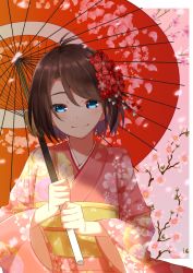Rule 34 | 1girl, blue eyes, brown hair, closed mouth, female focus, floral background, floral print, flower, hair between eyes, highres, holding, holding umbrella, japanese clothes, kimono, long sleeves, looking at viewer, looking down, new year, obi, oil-paper umbrella, original, pink kimono, sash, shade, shiime, short hair, smile, solo, traditional clothes, umbrella, upper body, yukata