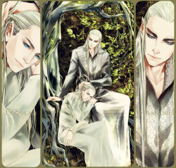 Rule 34 | 2boys, blonde hair, blue eyes, crown, elf, father and son, king, leftlevine, tolkien&#039;s legendarium, legolas, long hair, male focus, middle earth, multiple boys, pointy ears, prince, robe, sitting, the hobbit, the lord of the rings, thranduil, tree